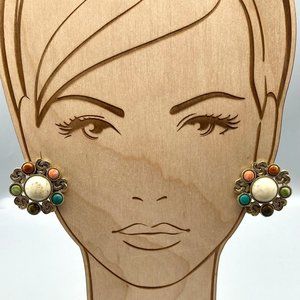 Vintage Multi Color Cabochon Earrings in Gold Tone Love Knot Frame Clip Ons